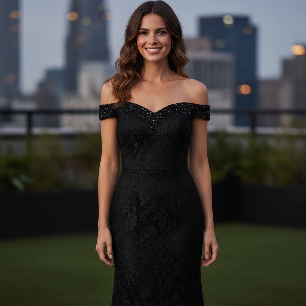 NWT Babyonline Blk lace & sequins formal gown 6